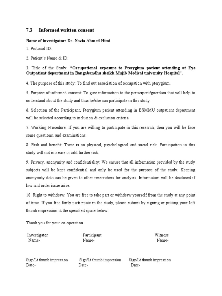 7.3 Informed Written Consent: Name of Investigator: Dr. Nazia Ahmed ...