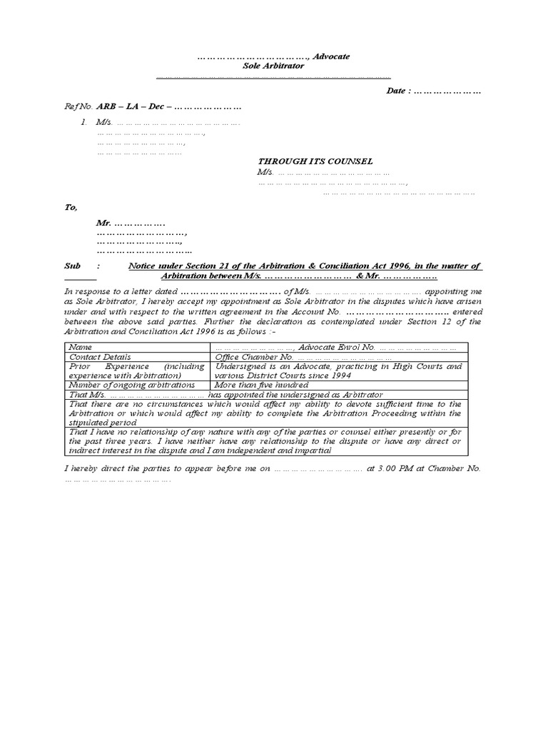 Section 21 Arbitration Notice Template | PDF