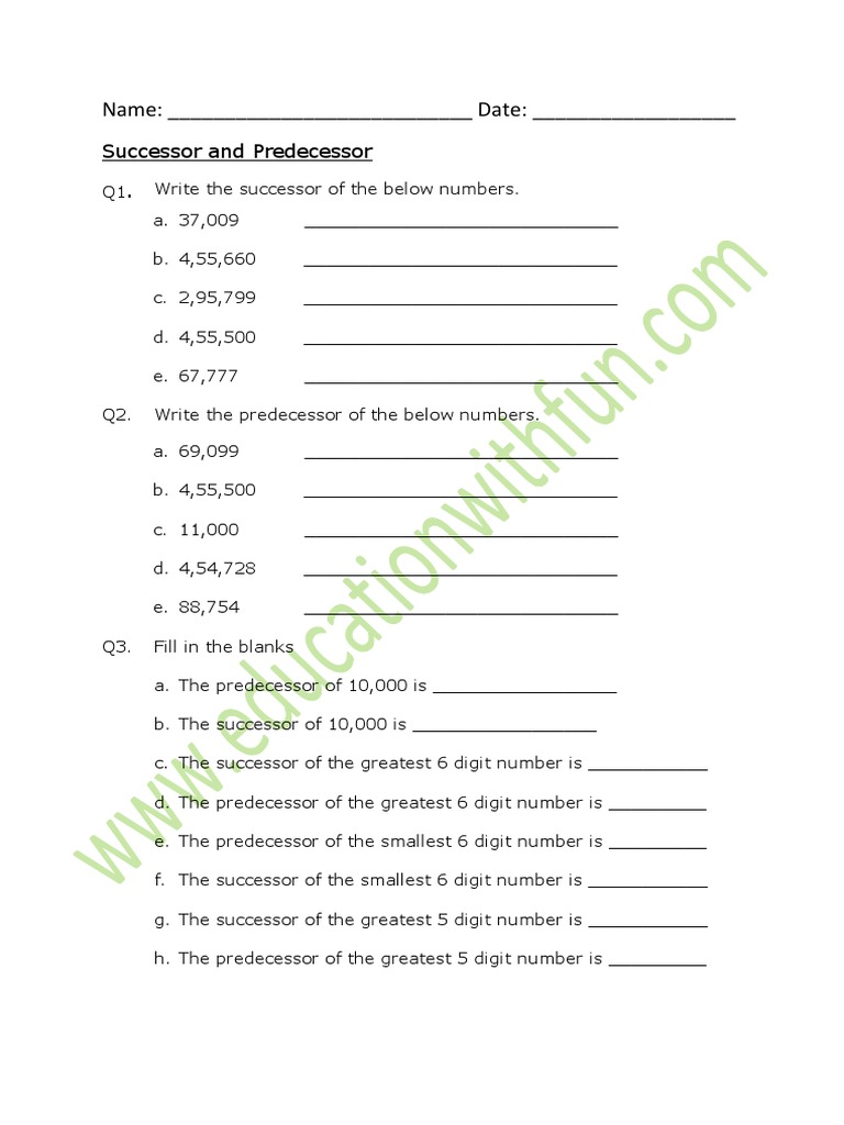 Predecessor and Successor Worksheet 1 PDF
