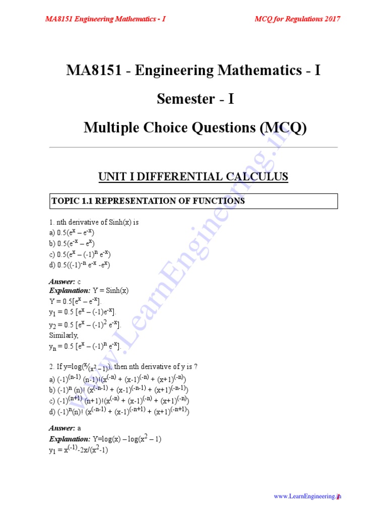 Multiple Choice Questions on Differential Calculus Topics from