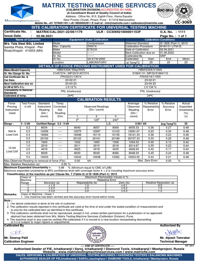 MATRIX TESTING MACHINE SERVICES CALIBRATION CERTIFICATE | PDF ...