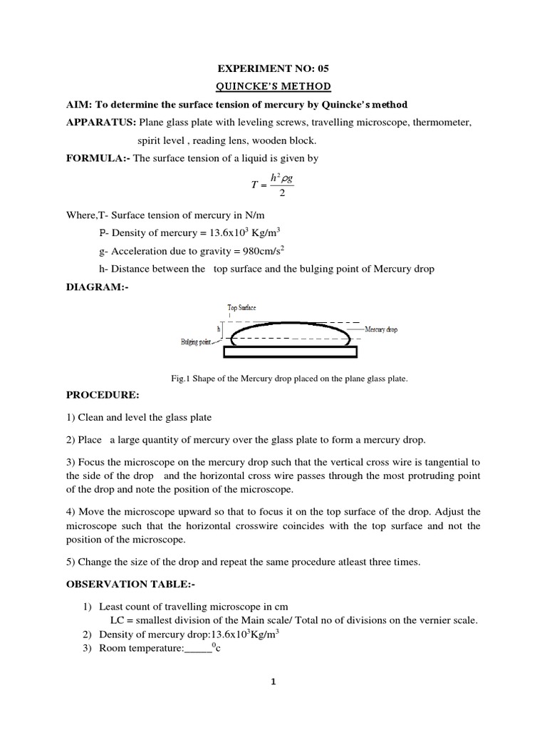 Surface Tension of Mercury by Quincke's Method | PDF | Surface Tension ...