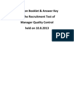 Question Booklet & Answer Key For The Recruitment Test of Manager Quality Control Held On 10.8.2013