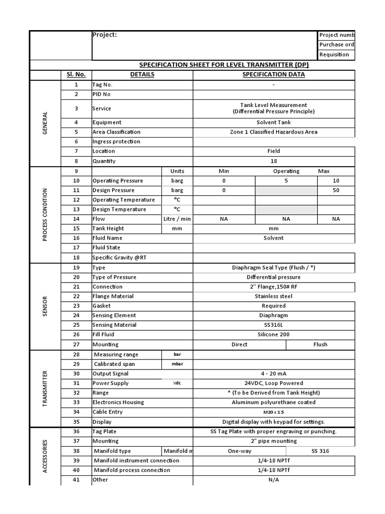 Level Transmitter Specification Sheet | PDF | Pressure Measurement ...