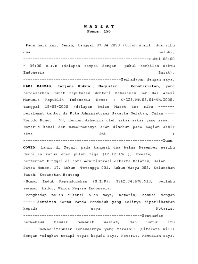 Contoh Akta Wasiat Notaris 2020 | PDF