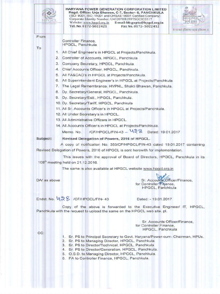 HPGCL Revised Delegation of Powers 2016 | PDF