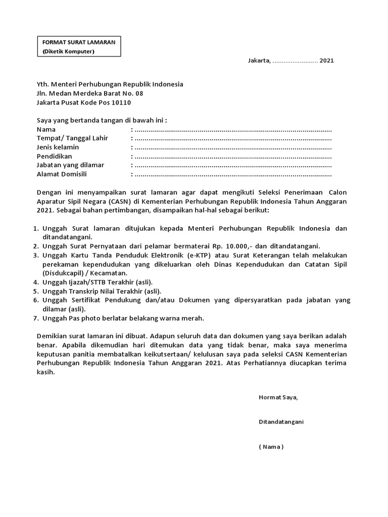 Format Surat Lamaran 2021