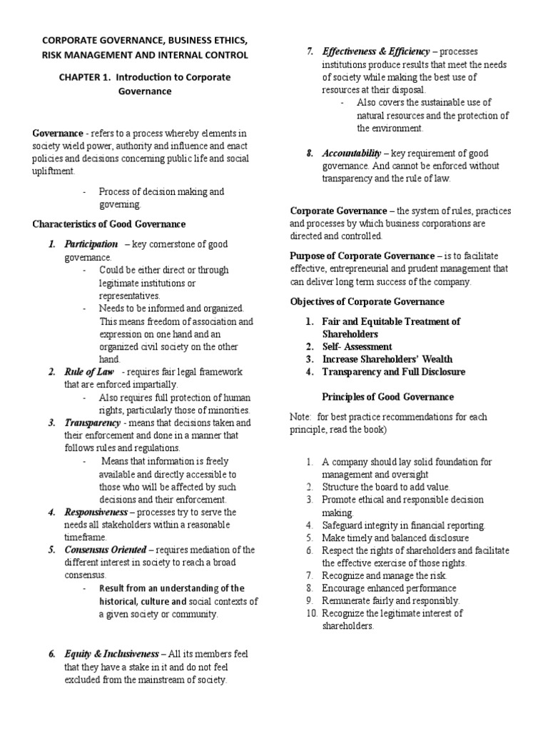 Corporate Governance and Ethics Overview | PDF | Internal Control ...