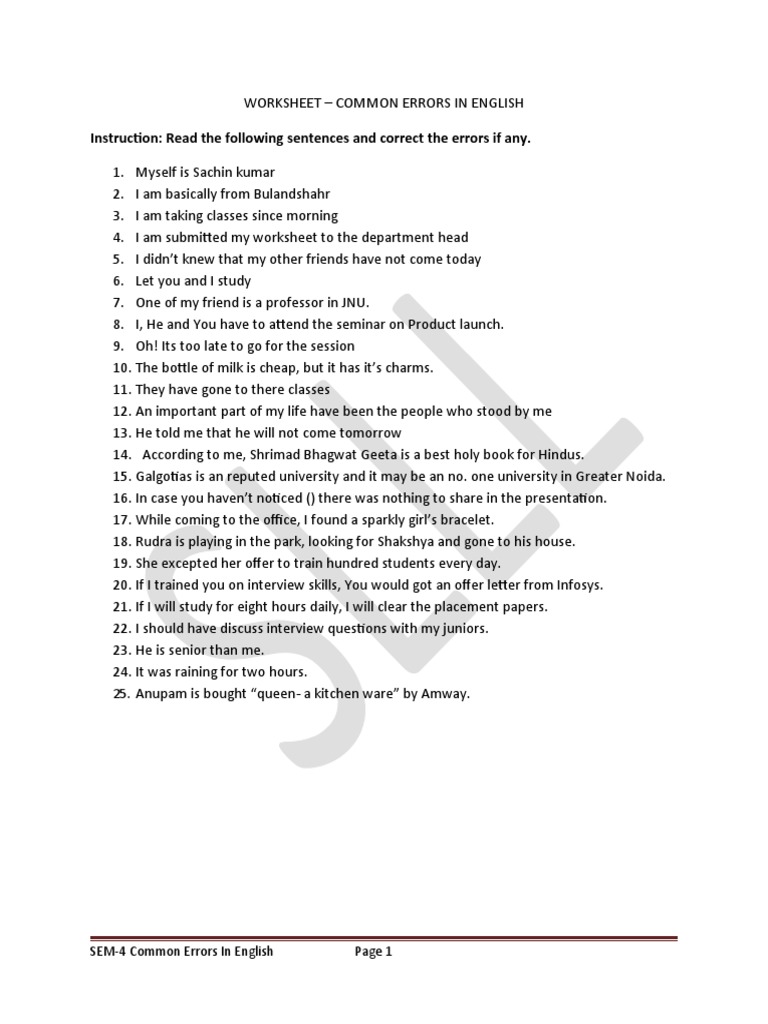 Common Errors in English Worksheet | PDF