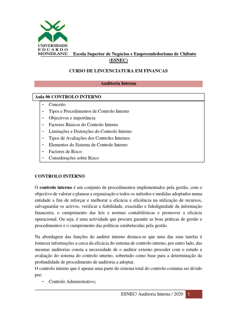 Tipos e Importância do Controlo Interno | PDF | Auditoria interna ...