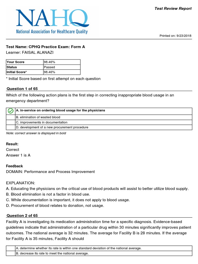 Test Name CPHQ Practice Exam Form A Your Score Status Initial Score