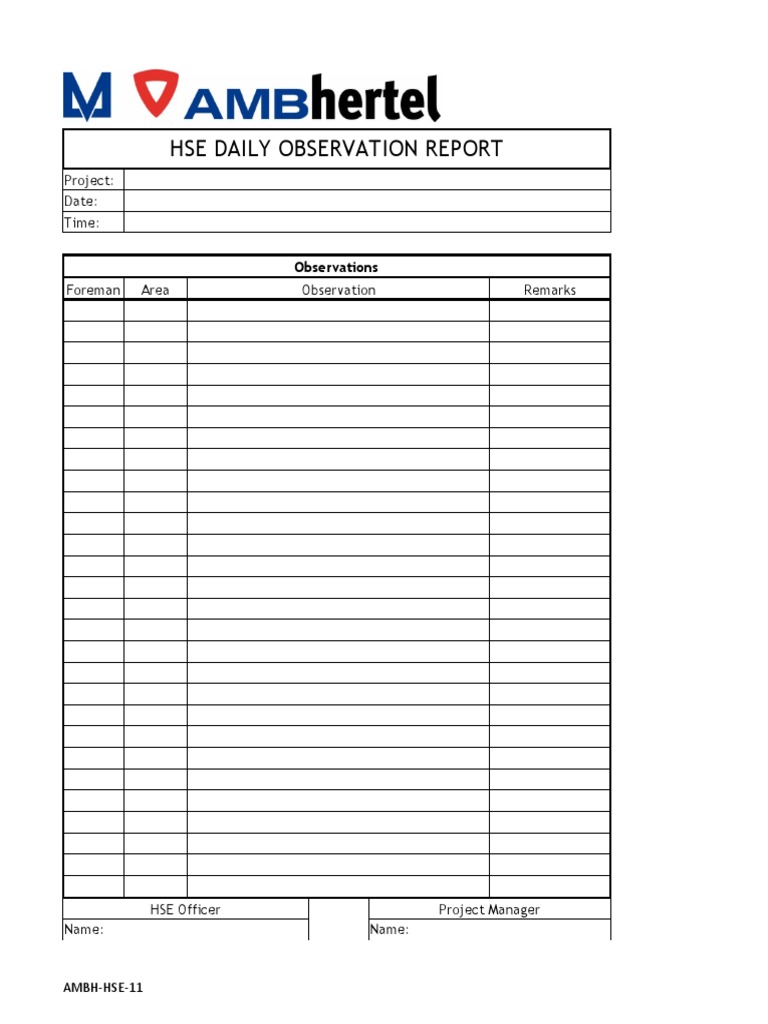 HSE Daily Observation Report Template | PDF