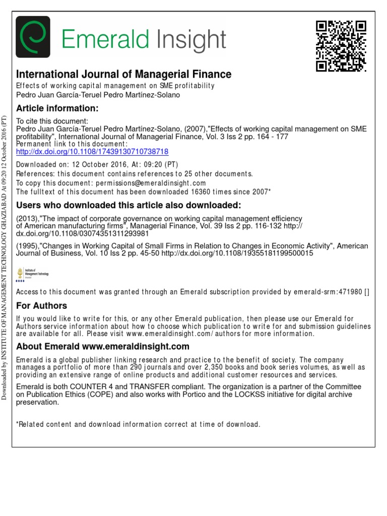 Effects of Working Capital Management On SME | PDF | Working Capital |  Inventory