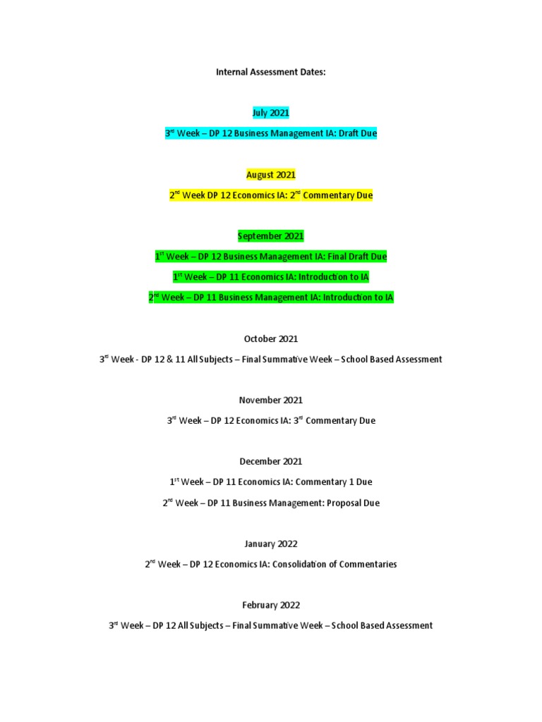 Internal Assessment Schedule 2021-2023 | PDF