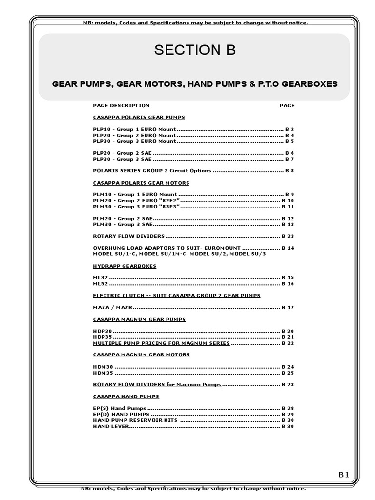 Section B Gear Pumps, Gear Motors, Hand Pumps & P.T.O Gearboxes PDF