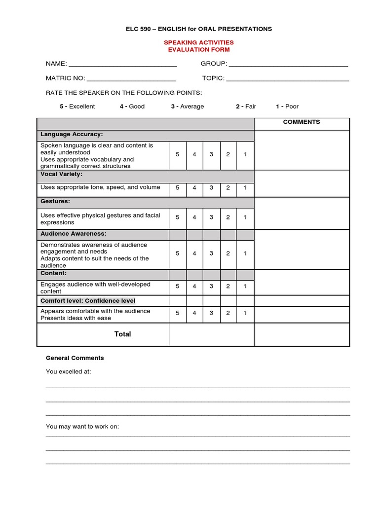 ELC590 Evaluation Form Speaking Activities | PDF | Gesture | Grammar
