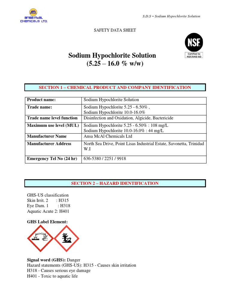 Sodium Hypochlorite Solution 5 25 16 0 W W Section 1 Chemical