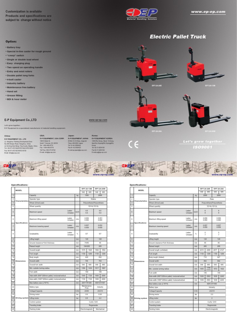 EP Equipment Pallet Truck Overview | PDF | Aisle | Length