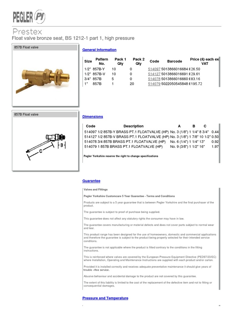 Float Valve Bronze Seat, BS 12121 Part 1, High Pressure General