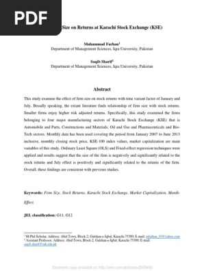 SSRN Electronic Journal Volume issue 2015 [doi 10.2139%2Fssrn.2605460] Farhan, Muhammad; Sharif, Saqib -- Impact of Firm Size on Stock Returns at Karachi Stock Exchange