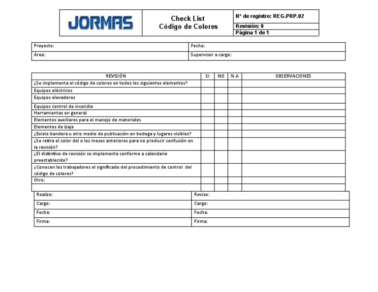 REG - PRP.02 Check List Codigo de Colores | PDF