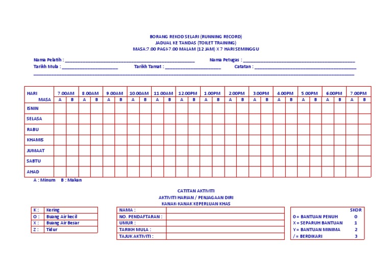 Borang Rekod Selar1 (Jadual Toilet Training) | PDF