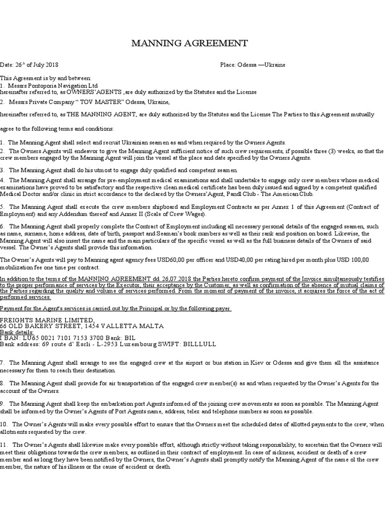 Manning Agreement for Ukrainian Crew | PDF | Employment | Common Law