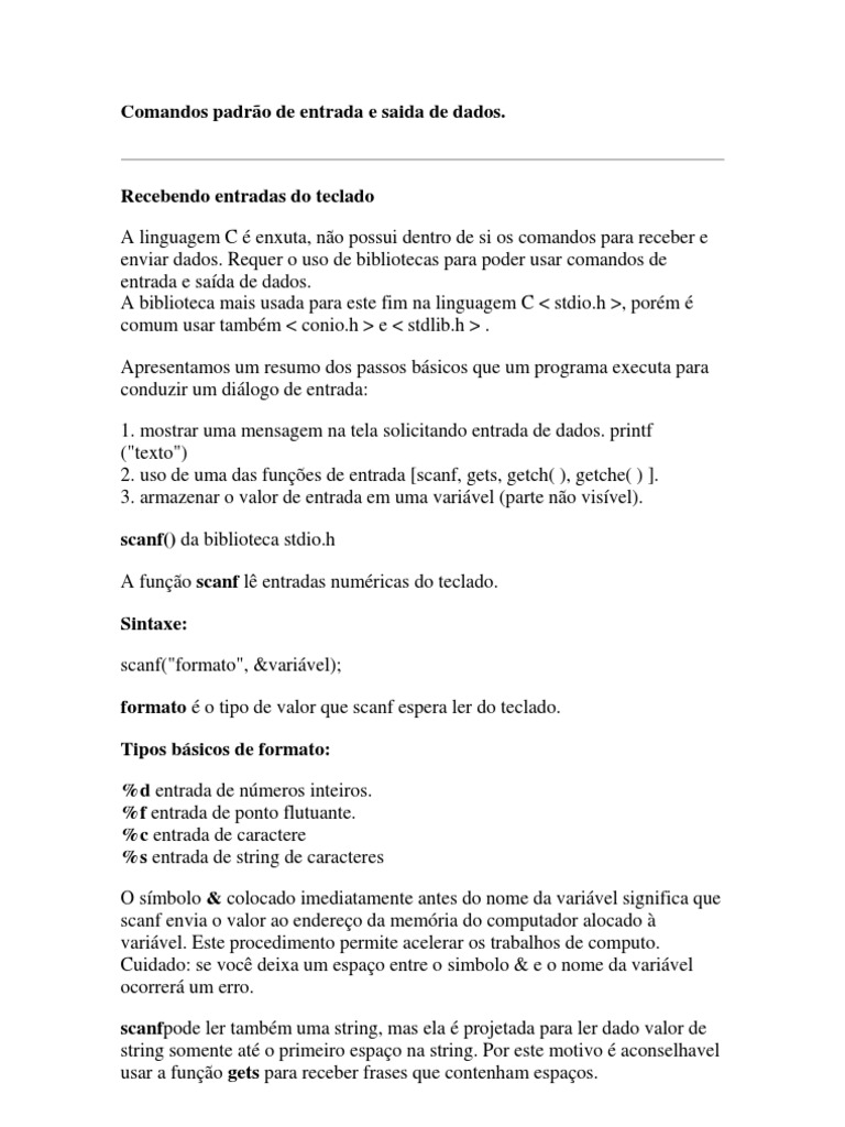 Comandos de Entrada e Saída em C | PDF | C (linguagem de programação ...