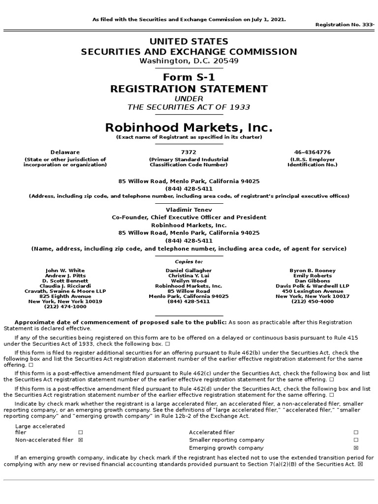 Robinhood S-1 | PDF | Securities Act Of 1933 | Stocks