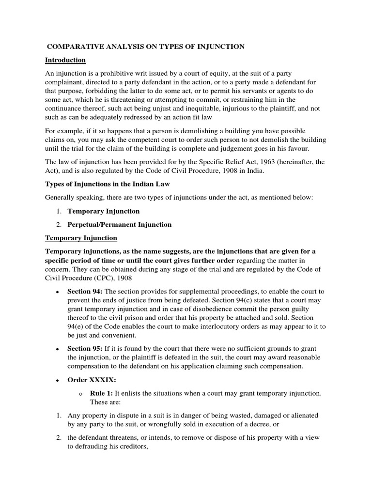 Types of Injunctions in Indian Law | PDF | Breach Of Contract | Injunction