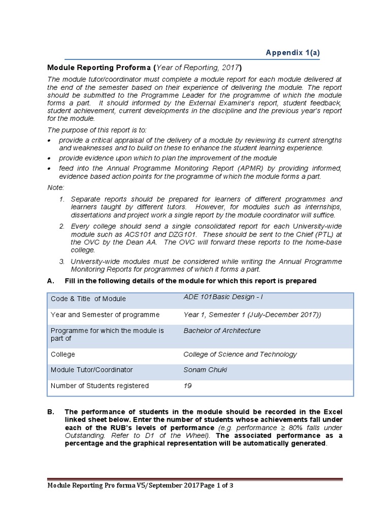 Module Reporting Proforma (Year of Reporting, 2017) : Appendix 1 (A ...