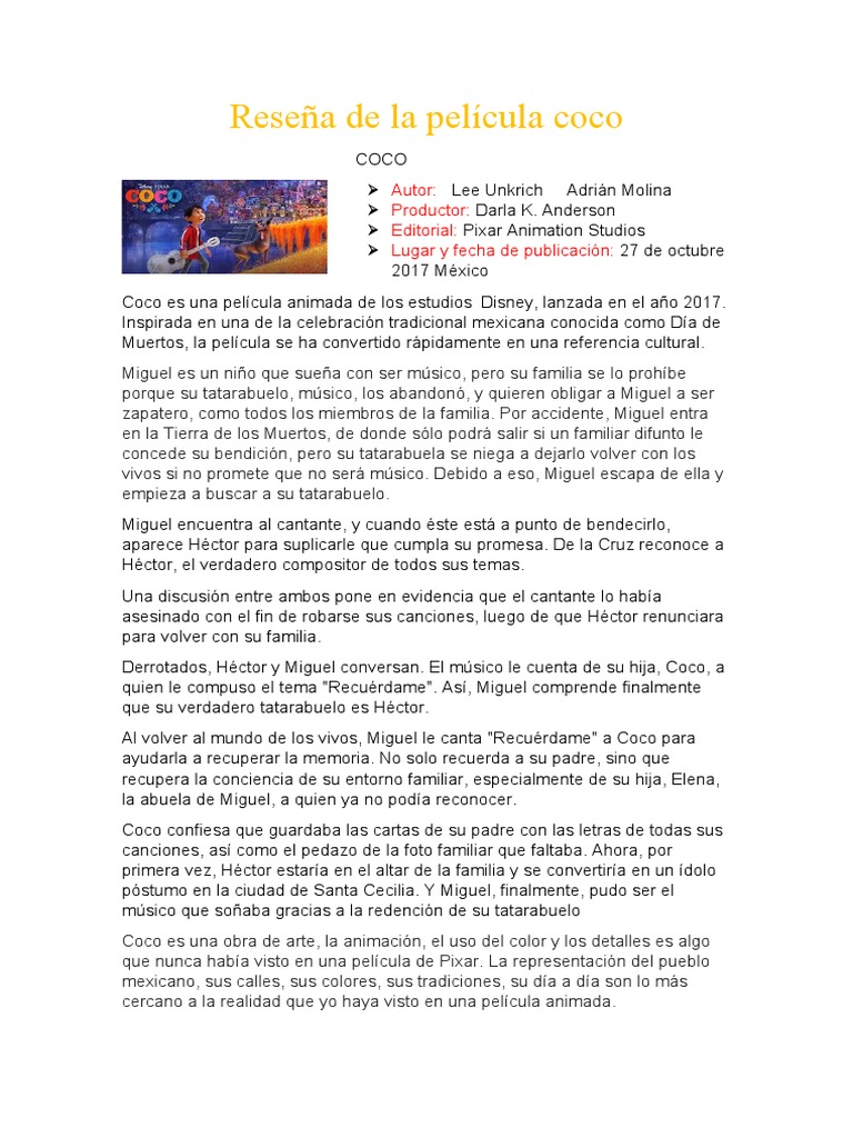 Reseña de La Película Coco PDF Animación Cine