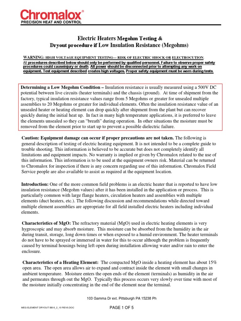 Chromalox Megohm Test & Dryout Out Procedure 1 | PDF | Insulator ...