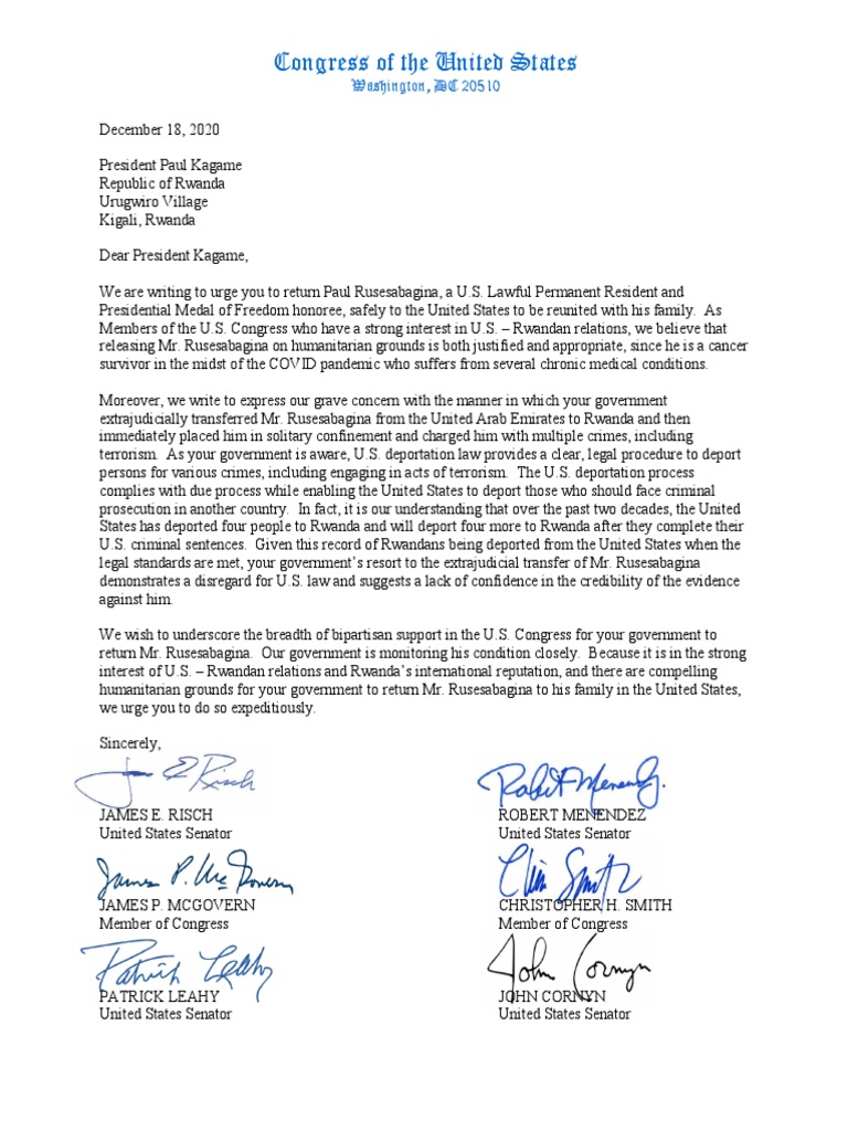 Letter Re Paul Rusesabagina 12.18 | PDF | Legislative Branch Of The ...