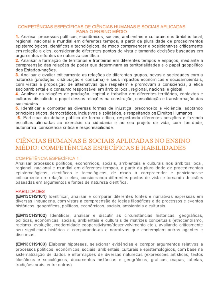 Competências Específicas de Ciências Humanas e Sociais Aplicadas para o ...