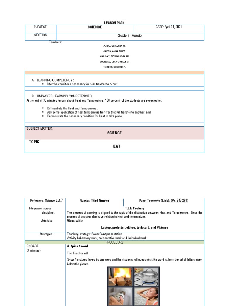 Grade 7 Heat and Temperature Lesson Plan | PDF | Heat | Temperature