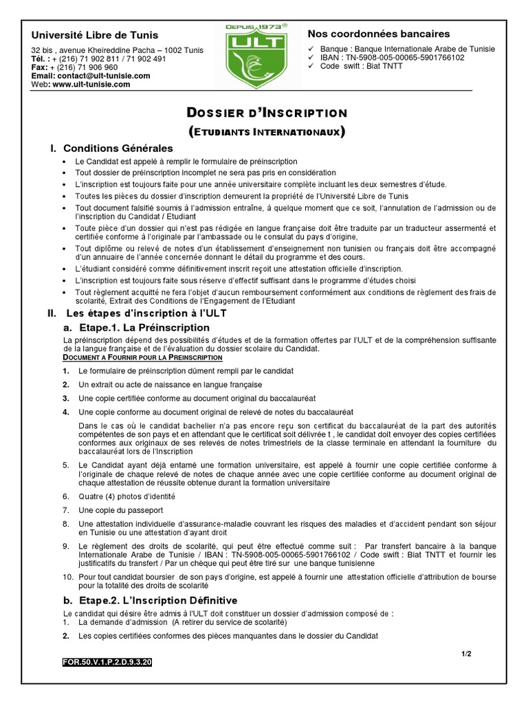 Dossier d'inscription à l'ULT | PDF | Tunisie | Banques