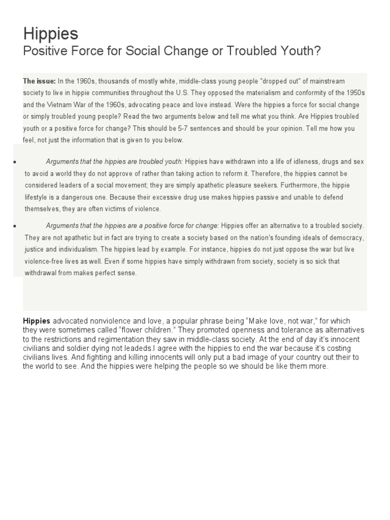Hippies: Positive Force For Social Change or Troubled Youth? | PDF