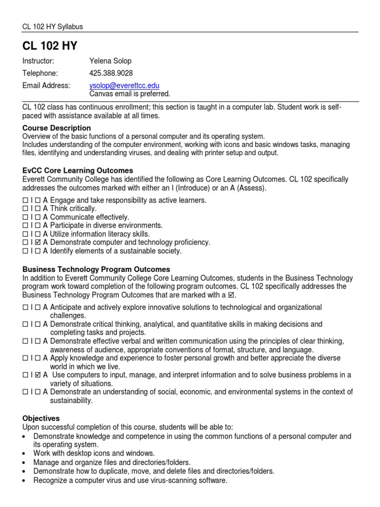 CL 102 Computer Literacy Syllabus | PDF | Academic Dishonesty | Learning