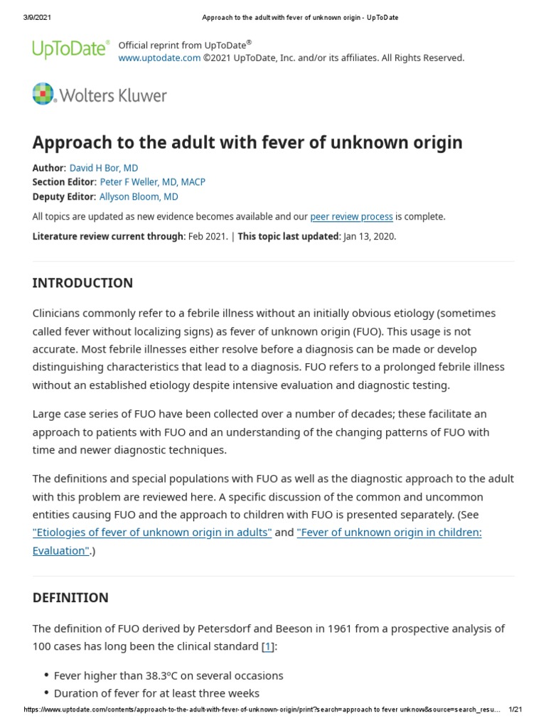 Approach To The Adult With Fever of Unknown Origin UpToDate PDF