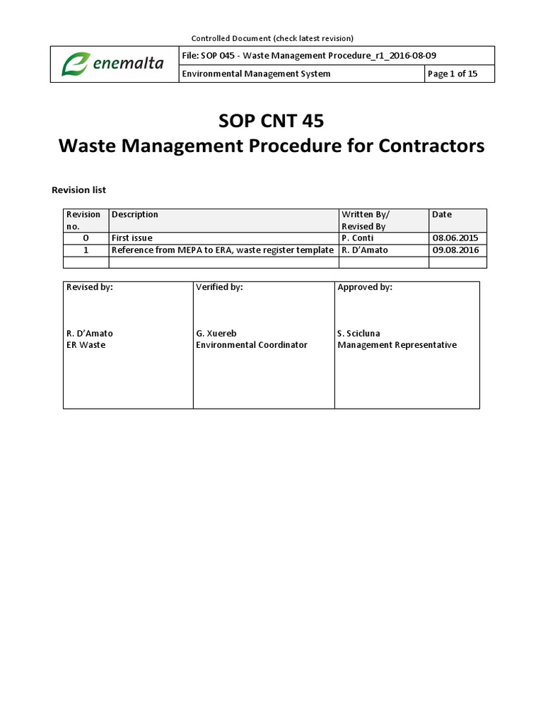 Sop CNT 45 Waste Management Procedure For Contractors Revision List