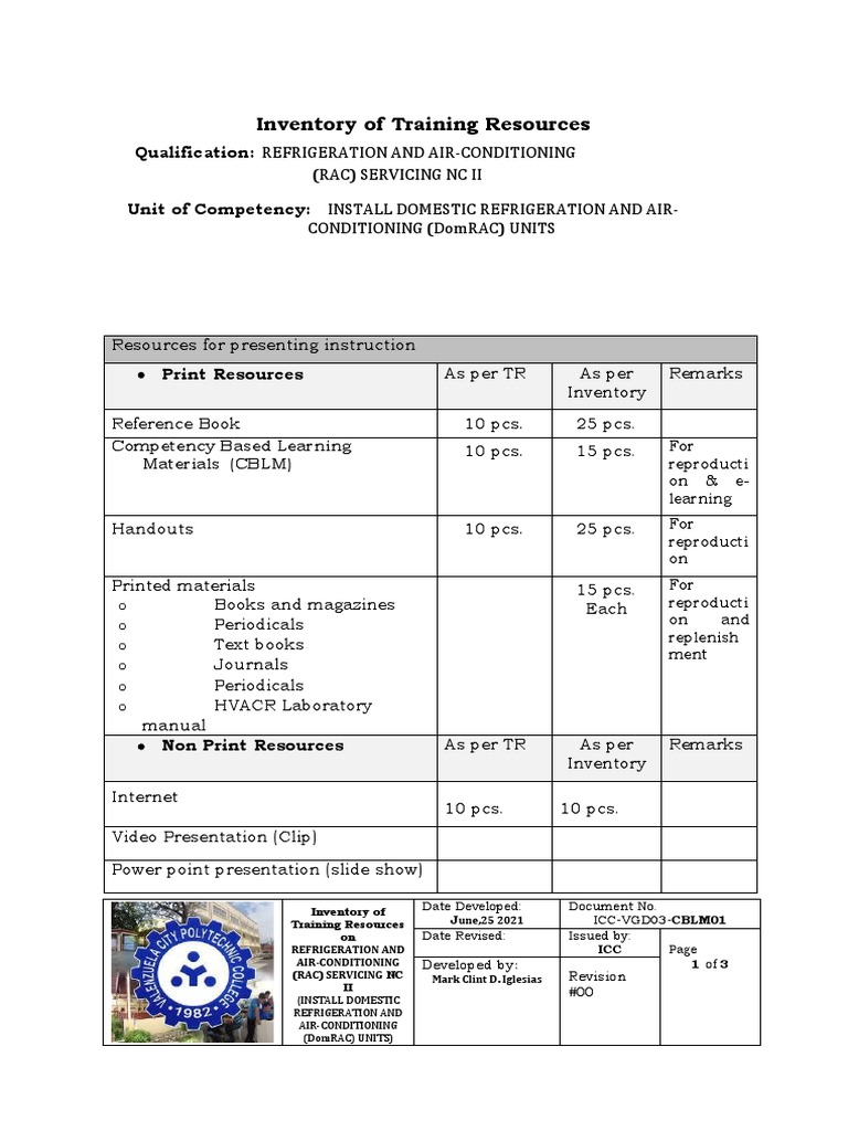 Inventory of Training Resources Qualification Refrigeration and Air