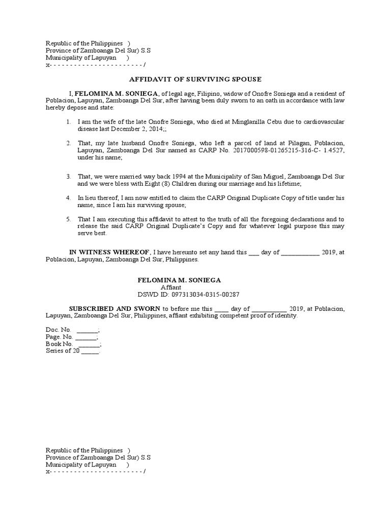 Affidavit of Surviving Spouse Forms | PDF | Affidavit | Document