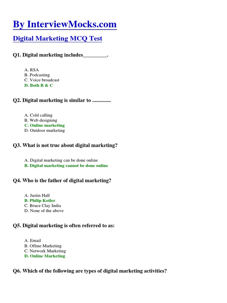 Digital Marketing MCQ PDF Search Engine Marketing Social Media