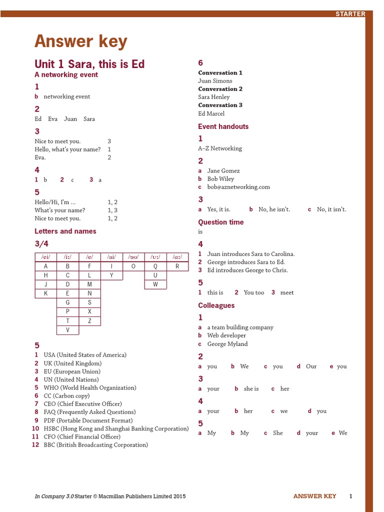 In Company 3.0 Starter Student's Book Answer Key | PDF | Business