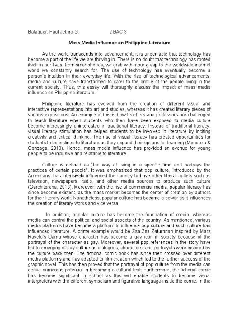 Media's Role in Philippine Literature | PDF | Popular Culture | Mass Media