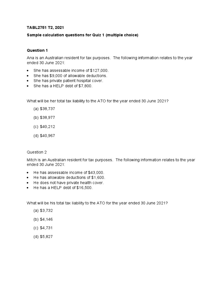 Sample Multiple Choice Tax Calculation Questions and Answers for an ...