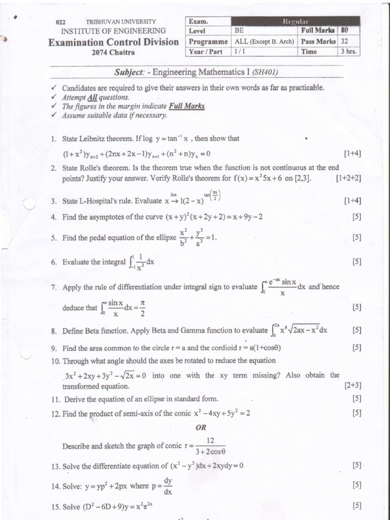 Engineering Mathematics Past Questions | PDF | Equations | Ellipse