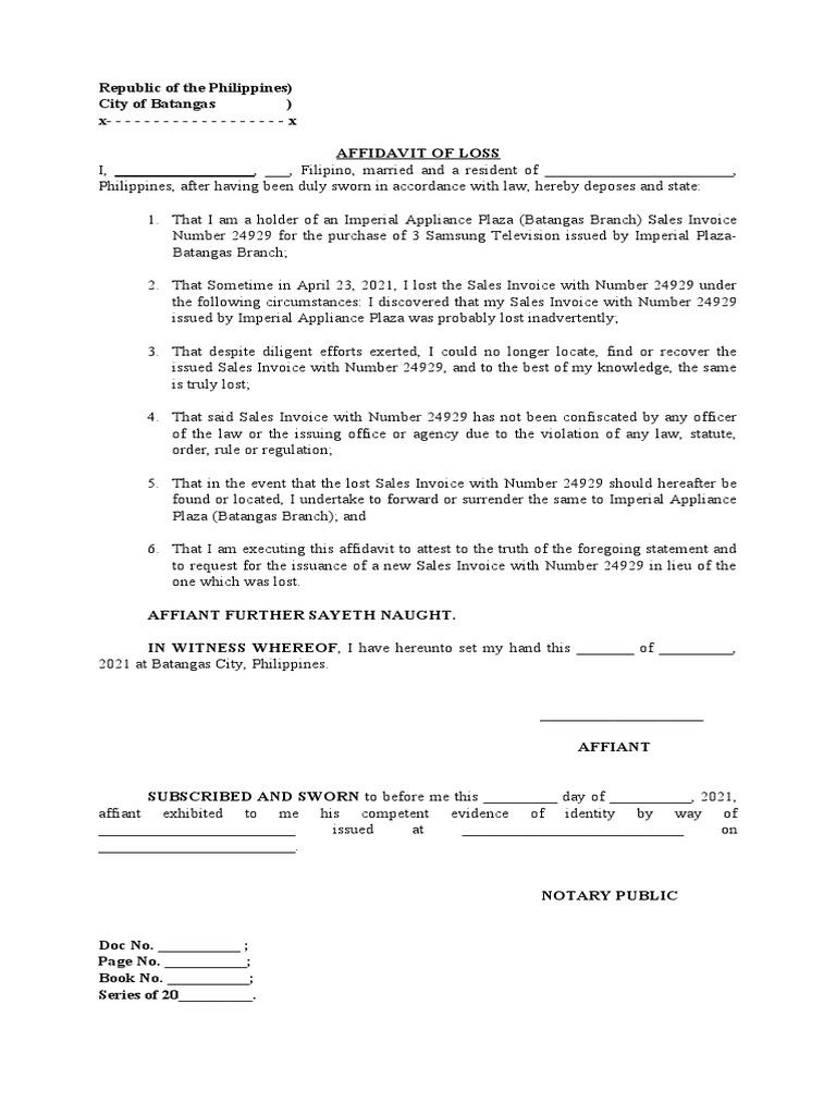 Affidavit of Loss Sales Invoice PDF Affidavit Document