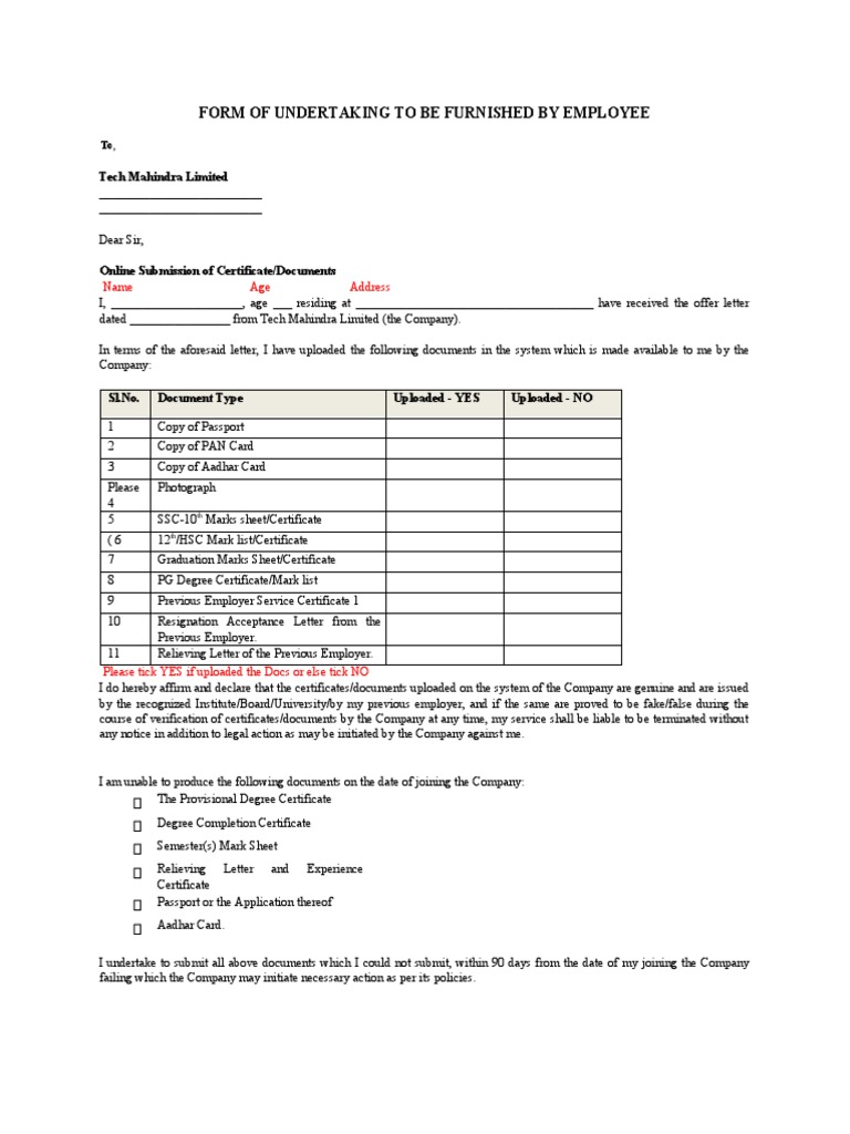 Employee Undertaking Form for Tech Mahindra | PDF | Indemnity | Private Law